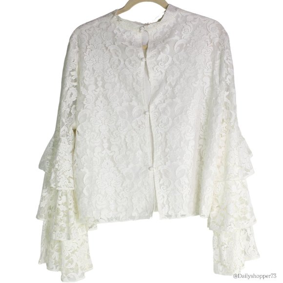 Leith Women's White Lace Button Back Ruffle Bell Sleeve Mock Neck Cropped Top - Picture 4 of 4